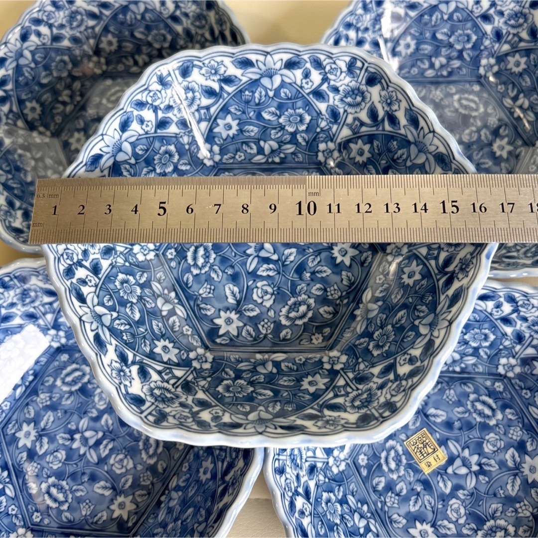 有田焼 龍峰窯 染付更紗 中鉢揃え 5枚セット 輪花鉢 煮物鉢 六角鉢 和