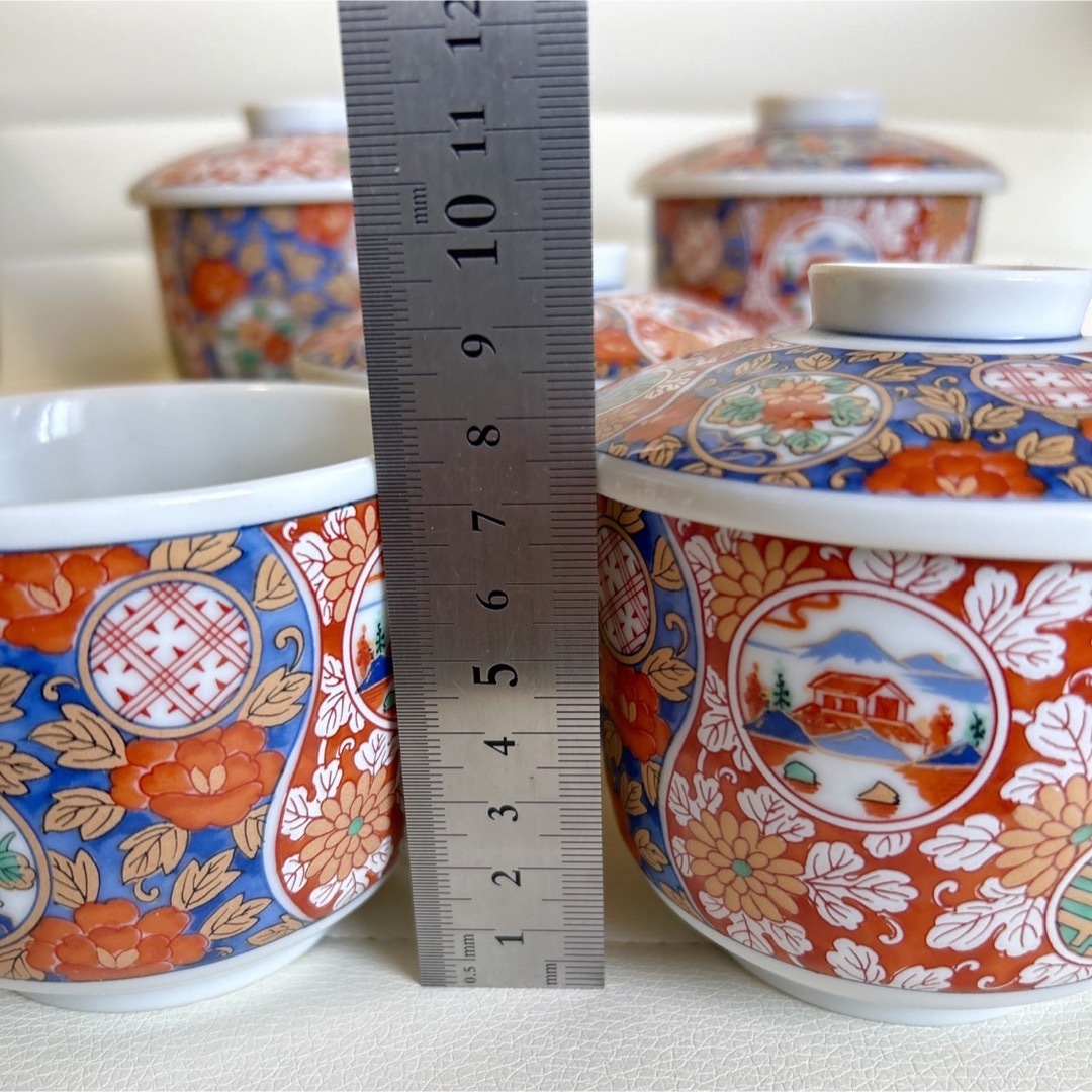 有田焼 龍峰窯 蒸し碗揃 5客 茶碗蒸し 色絵 金彩 古伊万里 赤絵丸紋 染