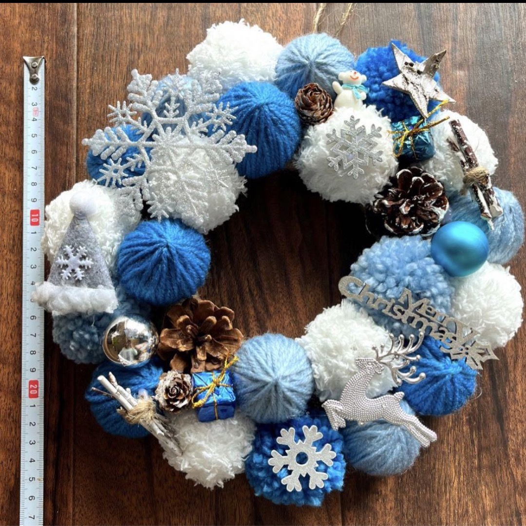 雪だるま クリスマスリース 毛糸玉リース ウェルカムリース 水色