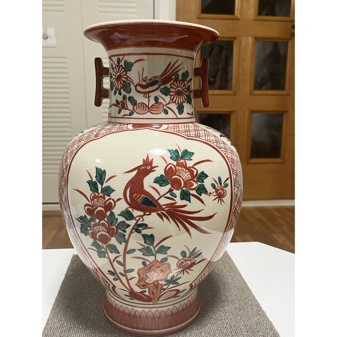 九谷焼 九谷文翠 双耳手描鳳凰花鳥牡丹 花器 花瓶 希少品