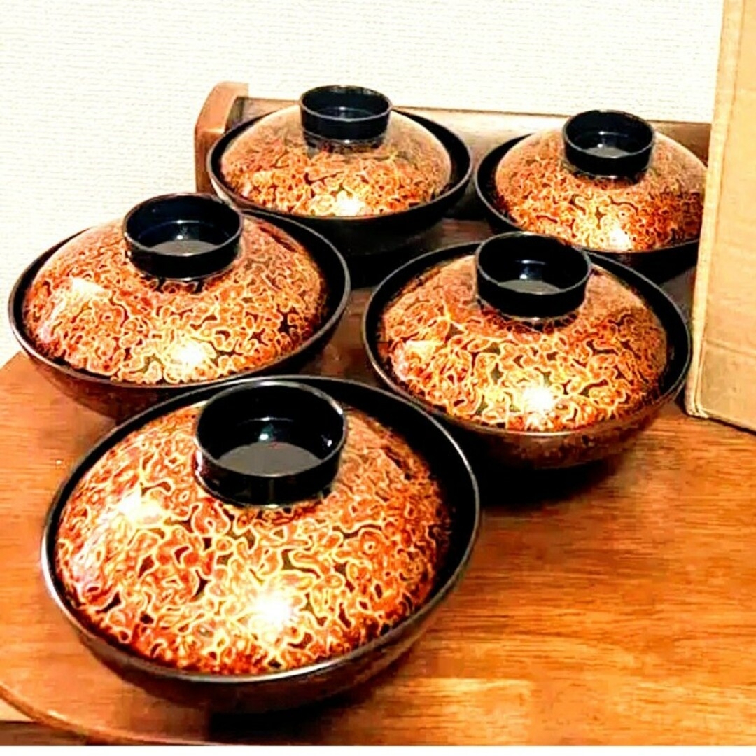 新品 会津塗 金虫食塗 吸物椀揃 5客セット 美品 送料無料職人の丁寧な