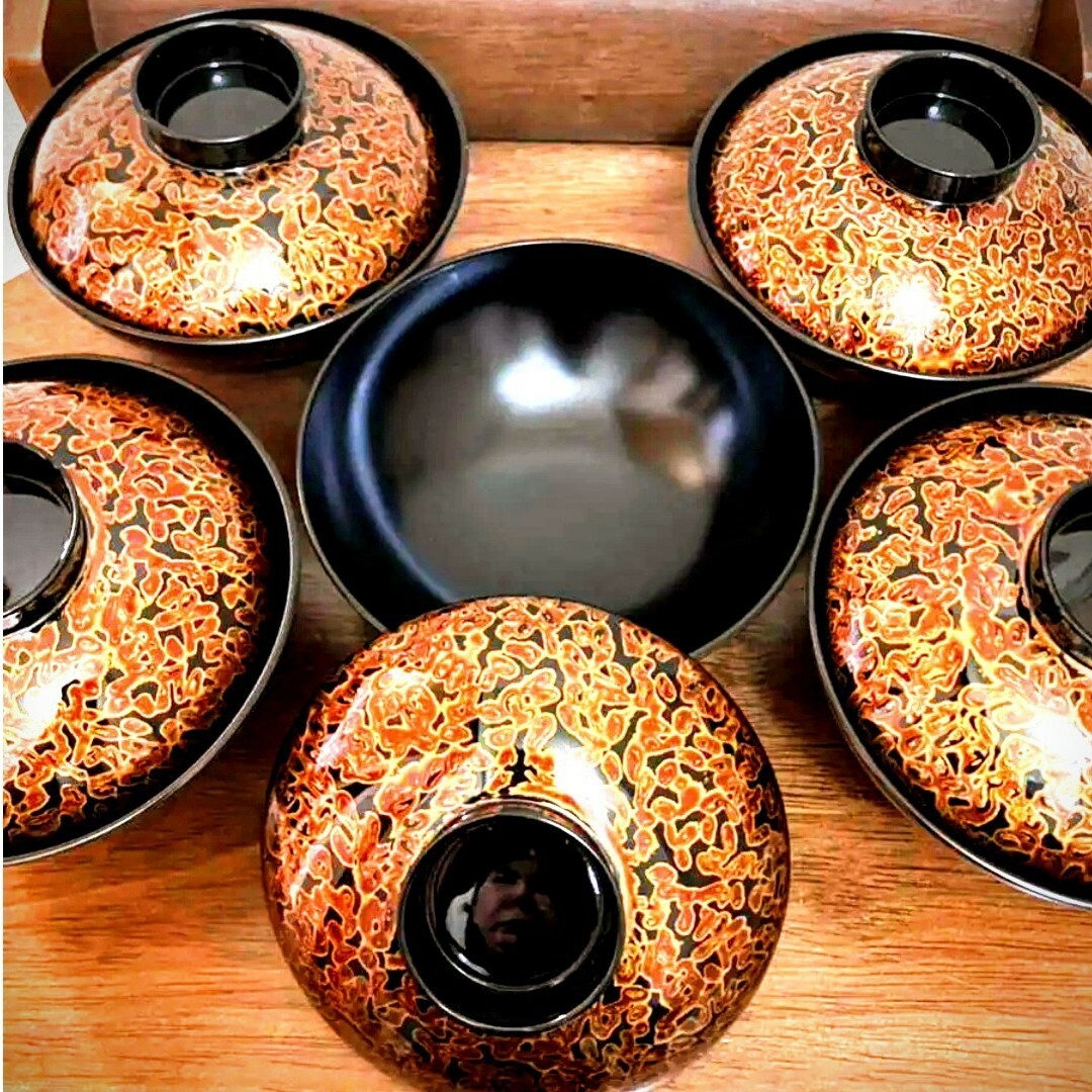 新品 会津塗 金虫食塗 吸物椀揃 5客セット 美品 送料無料職人の丁寧な