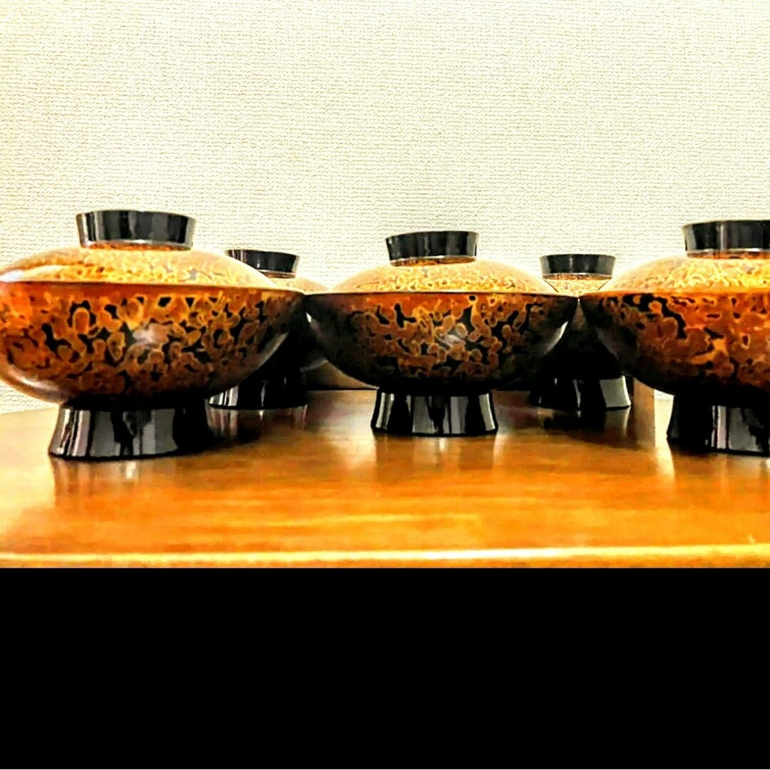 新品 会津塗 金虫食塗 吸物椀揃 5客セット 美品 送料無料職人の丁寧な