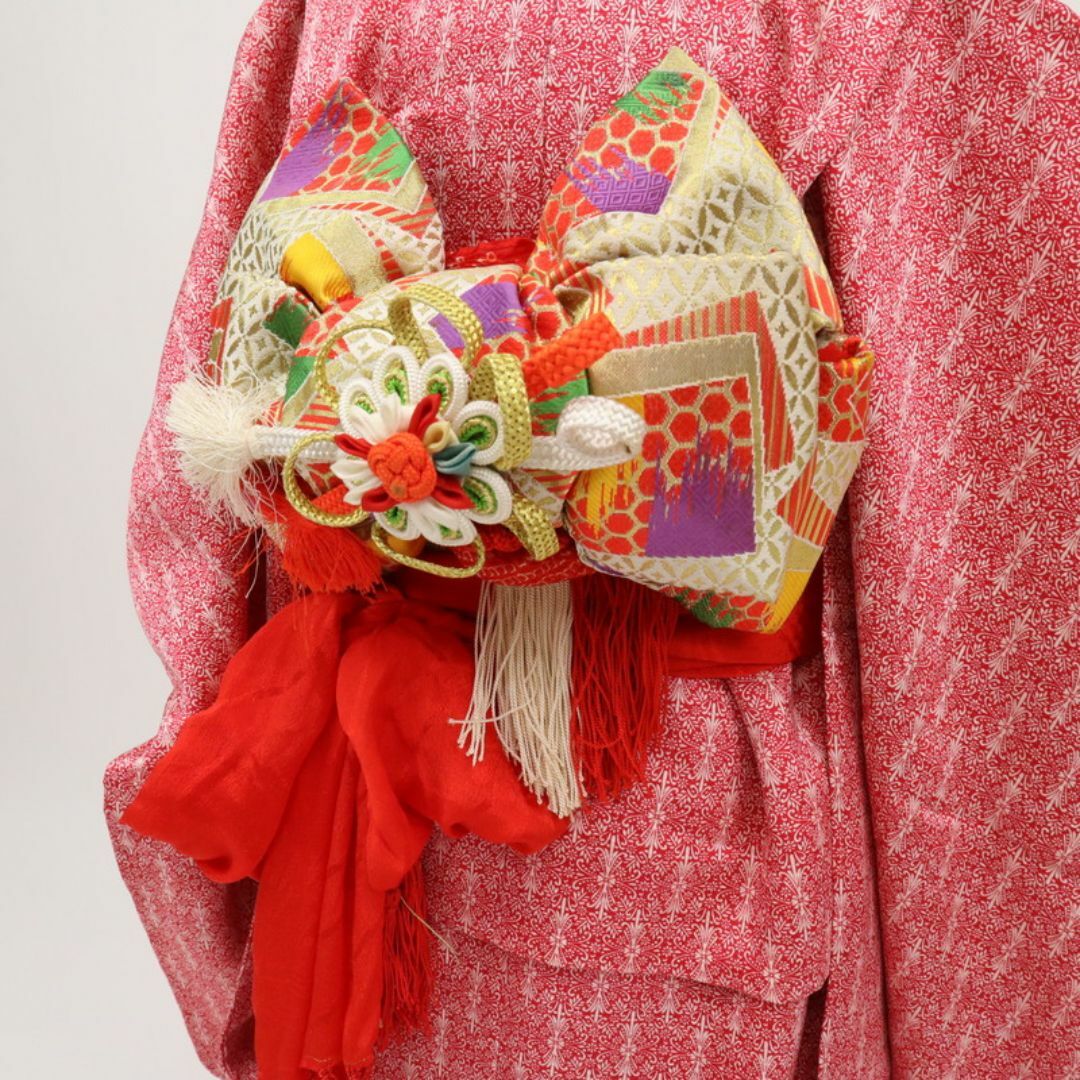 七五三5点セット 3歳女児 花模様 子供着物帯小物 赤 正絹 8RR3の通販