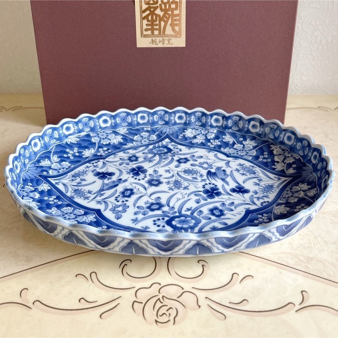 有田焼 - 三洋陶器 龍峰窯 花鳥 染付更紗 楕円大皿 菊割 輪花 大鉢 和