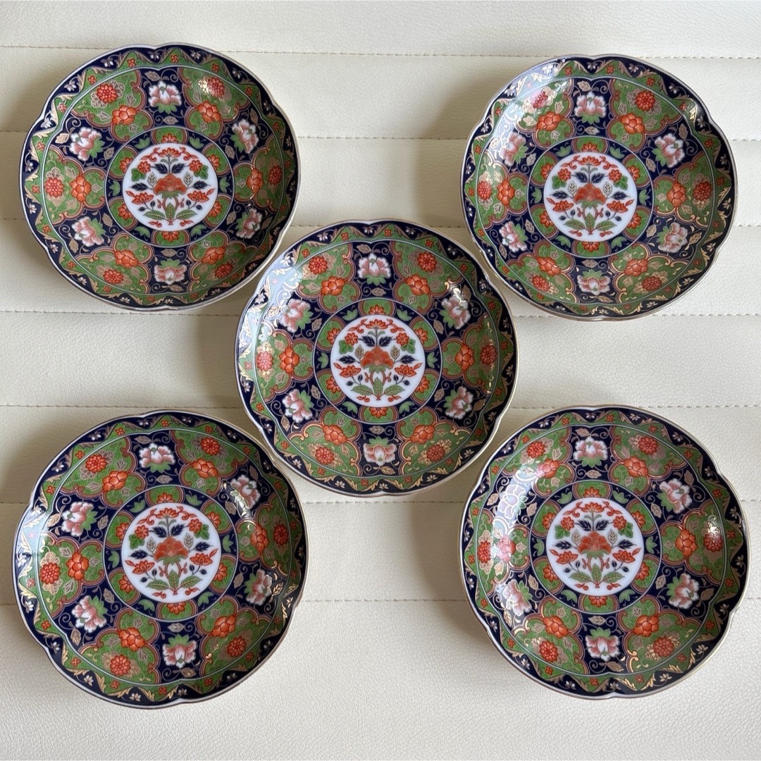 美濃焼 - 前畑陶器 庫山窯 金襴手 牡丹 銘々皿揃 5枚セット 輪花皿