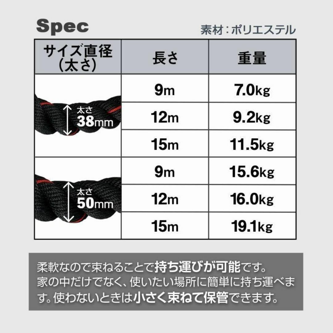 トレーニングロープ バトルロープ 50mm x 長さ15m プログレード2385の