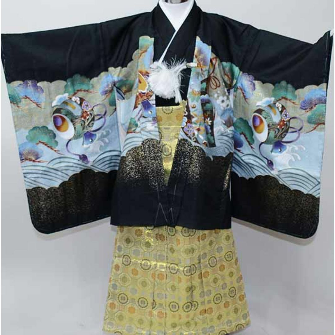 七五三 五歳 男児 羽織袴フルセット 着物 L寸 兜 小槌 黒地 袴変更可能