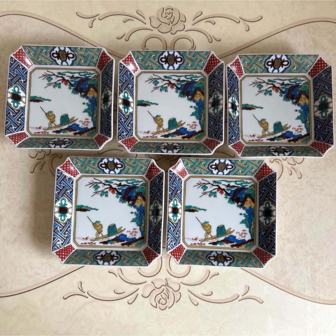 九谷青窯 - 九谷焼 青郊窯 中皿揃 5枚セット 色絵 山水 銘々皿 角皿