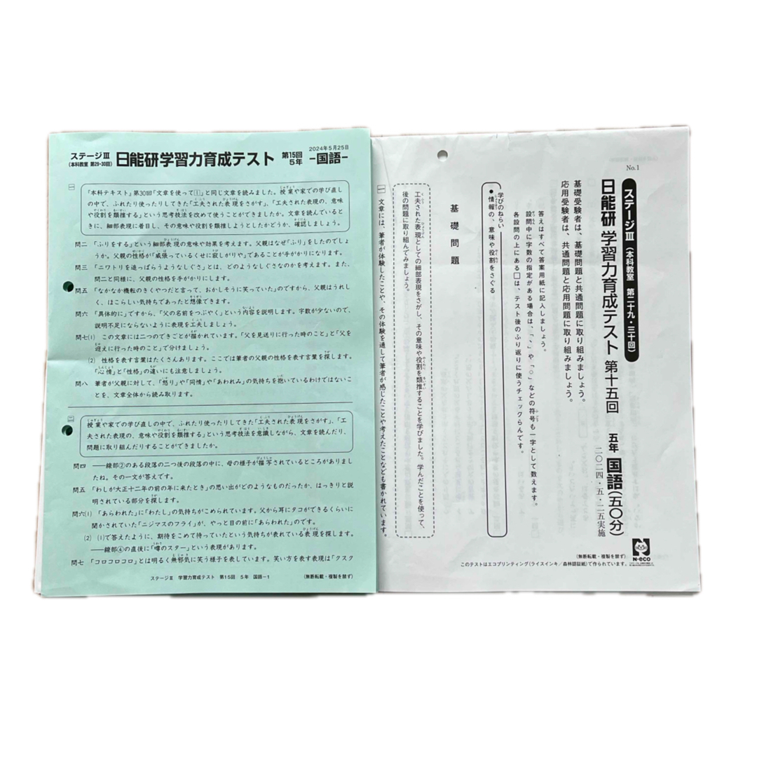 最新】日能研 5年前期後期テスト一式＋季節講習テスト2回 2024年度
