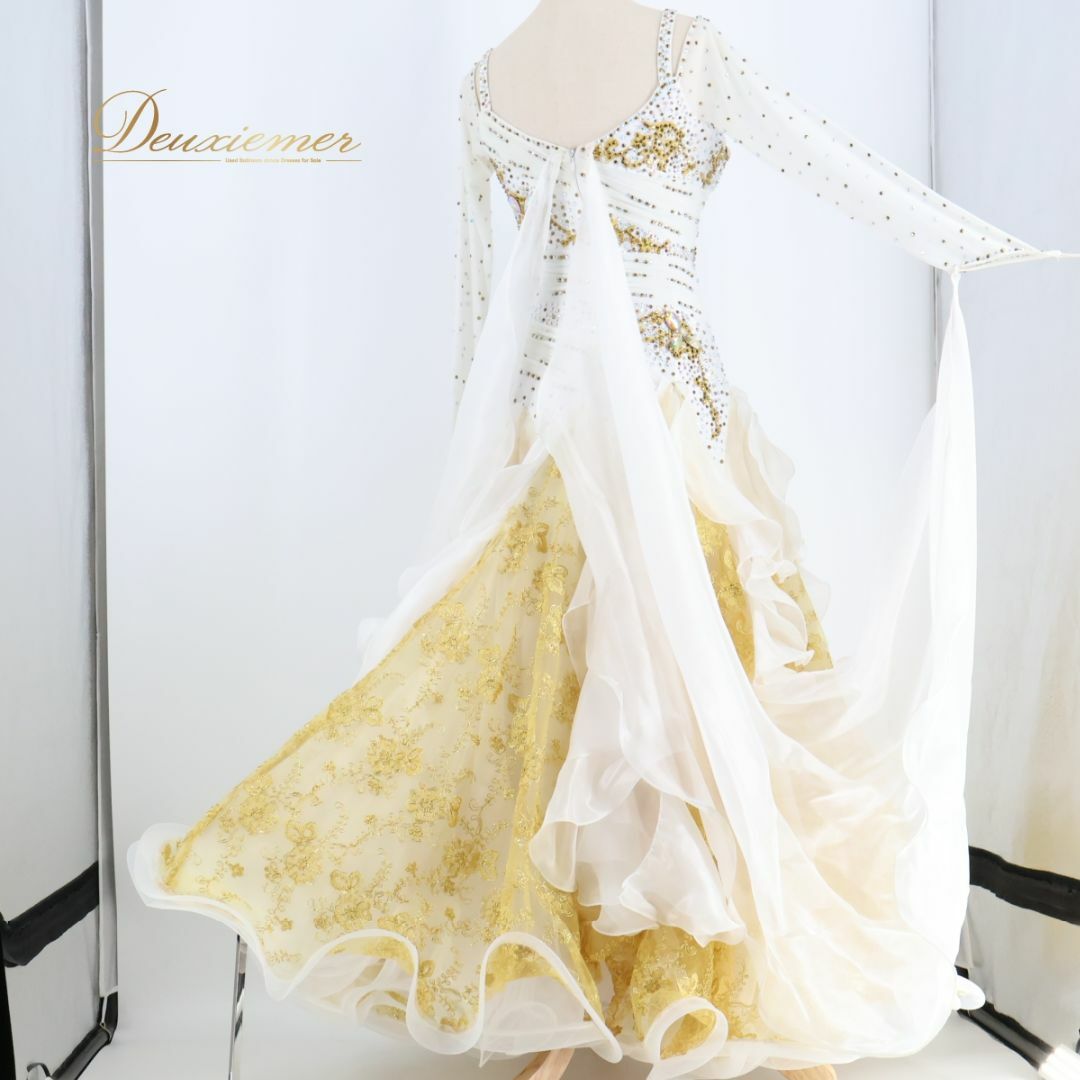 社交ダンス衣装】ホワイト ワンピース ドレス 白 フロート ゴールド 金