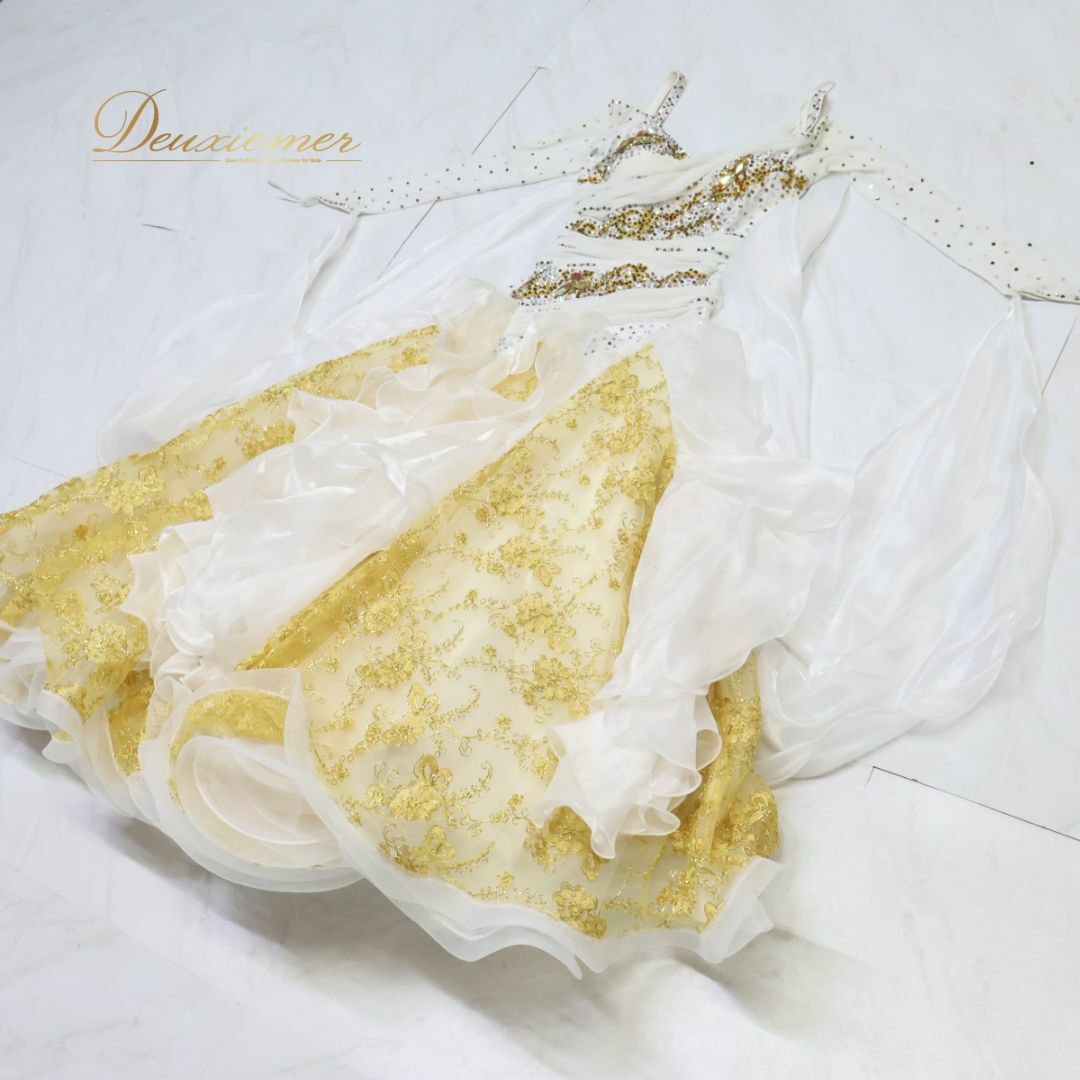 社交ダンス衣装】ホワイト ワンピース ドレス 白 フロート ゴールド 金