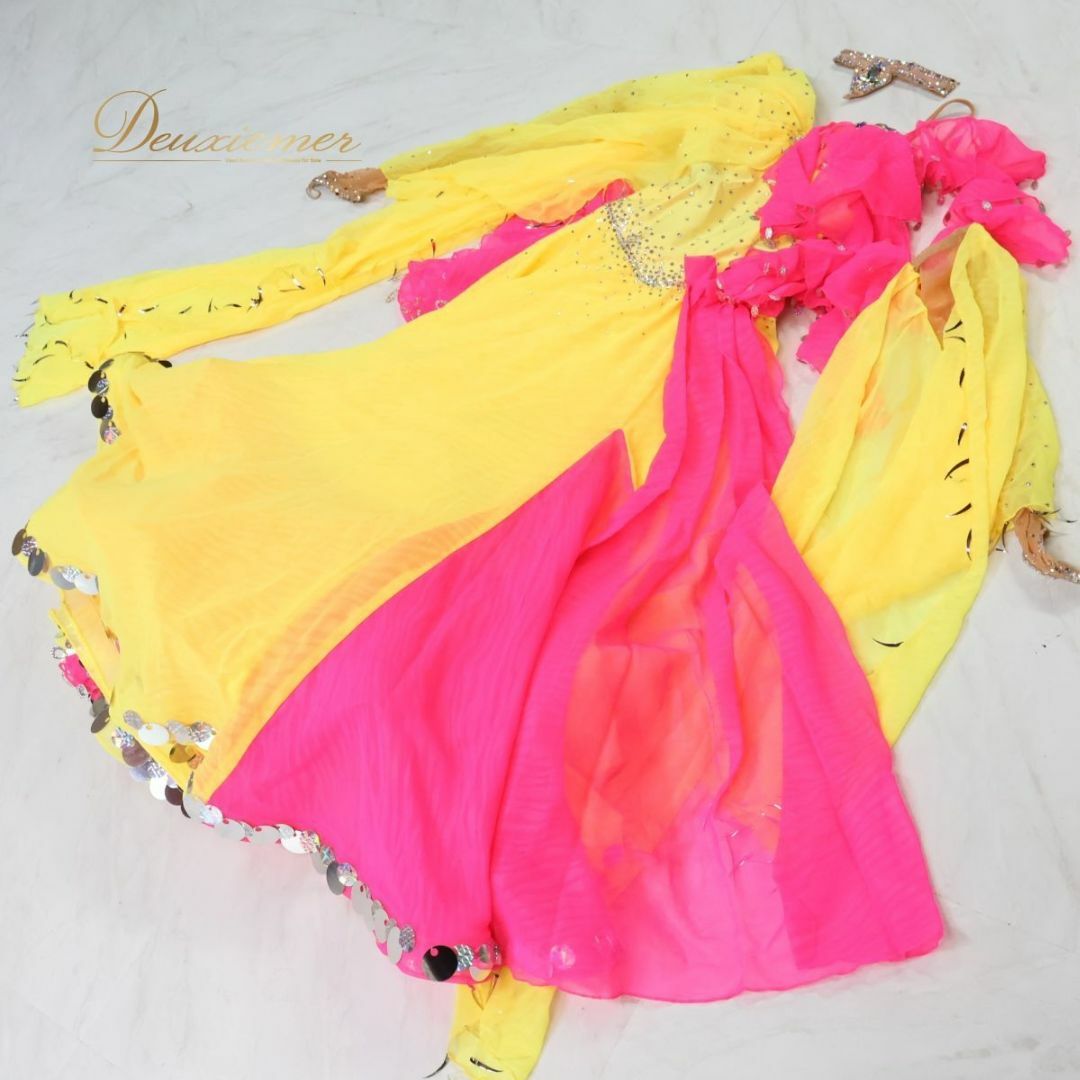 社交ダンス衣装】イエロー ワンピース ドレス 黄色 ピンク 蛍光