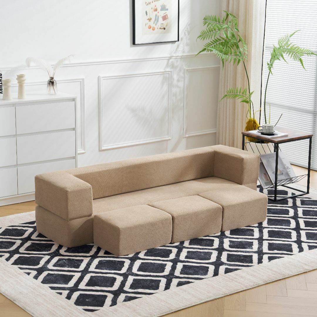 ブラウン】ソファベッド 最大5人掛け 組立て不要 フロアソファ 軽い