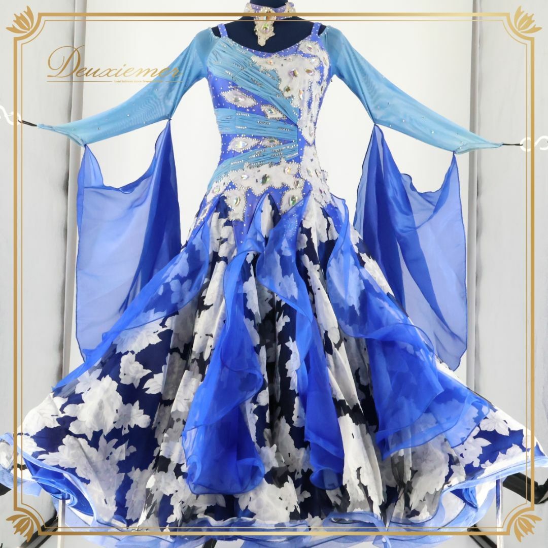 社交ダンス衣装】ブルー系 ワンピース ドレス 青 フロート フリル