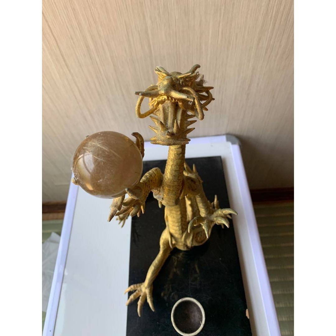 龍 置物 風水 金色 ルチル球 水杯 開運 金運 厄祓い インテリア 龍