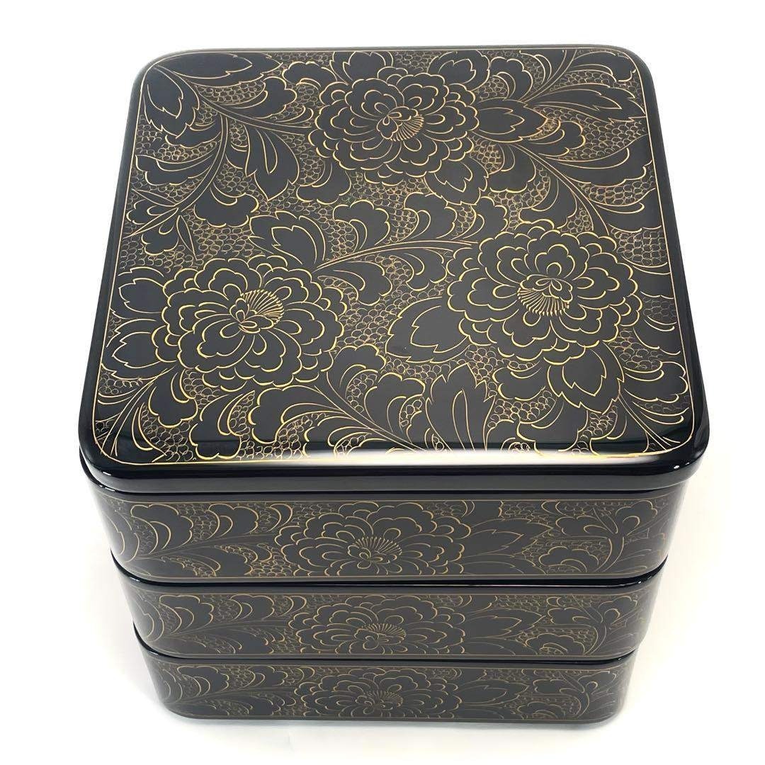 輪島塗り 玉峰作 三重箱 漆器のアソベ 蒔絵 金彩 牡丹唐草 漆器 重箱