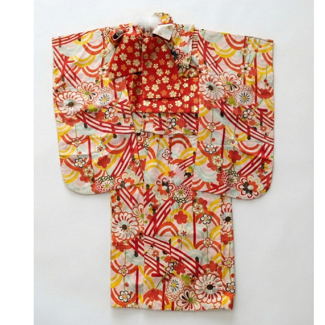 7歳 レトロ正絹白青海波菊 七五三 お着物・作り帯セット アンティーク