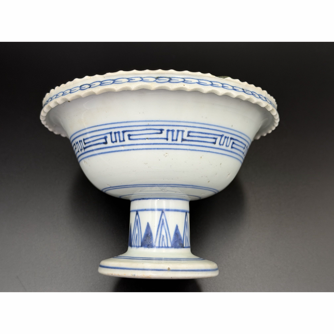 古伊万里 江戸後期 染付 高杯 菓子鉢 鳥文 金継ぎ有 径