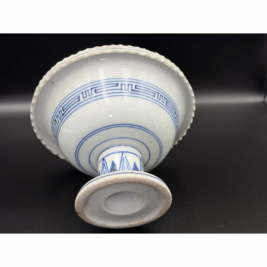 古伊万里 江戸後期 染付 高杯 菓子鉢 鳥文 金継ぎ有 径