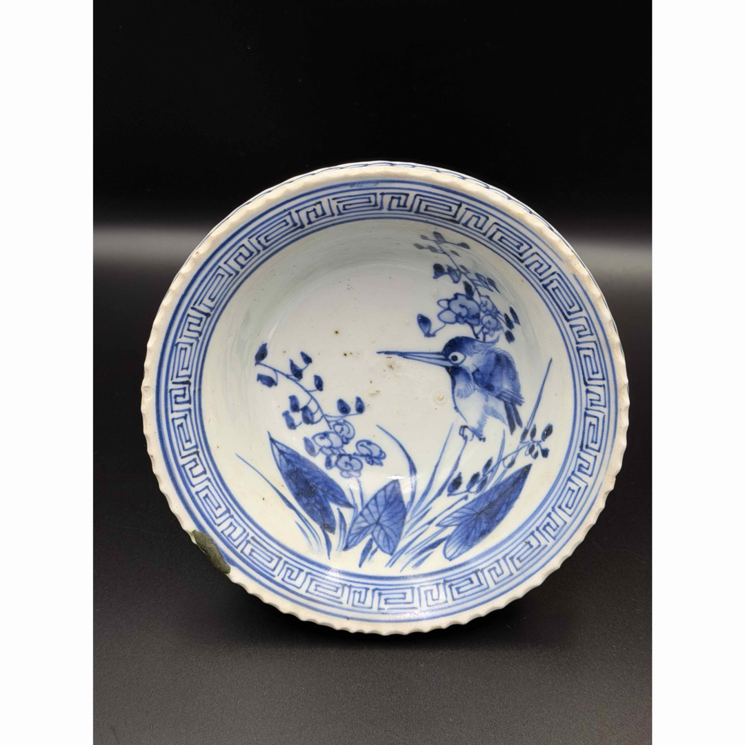 古伊万里 江戸後期 染付 高杯 菓子鉢 鳥文 金継ぎ有 径