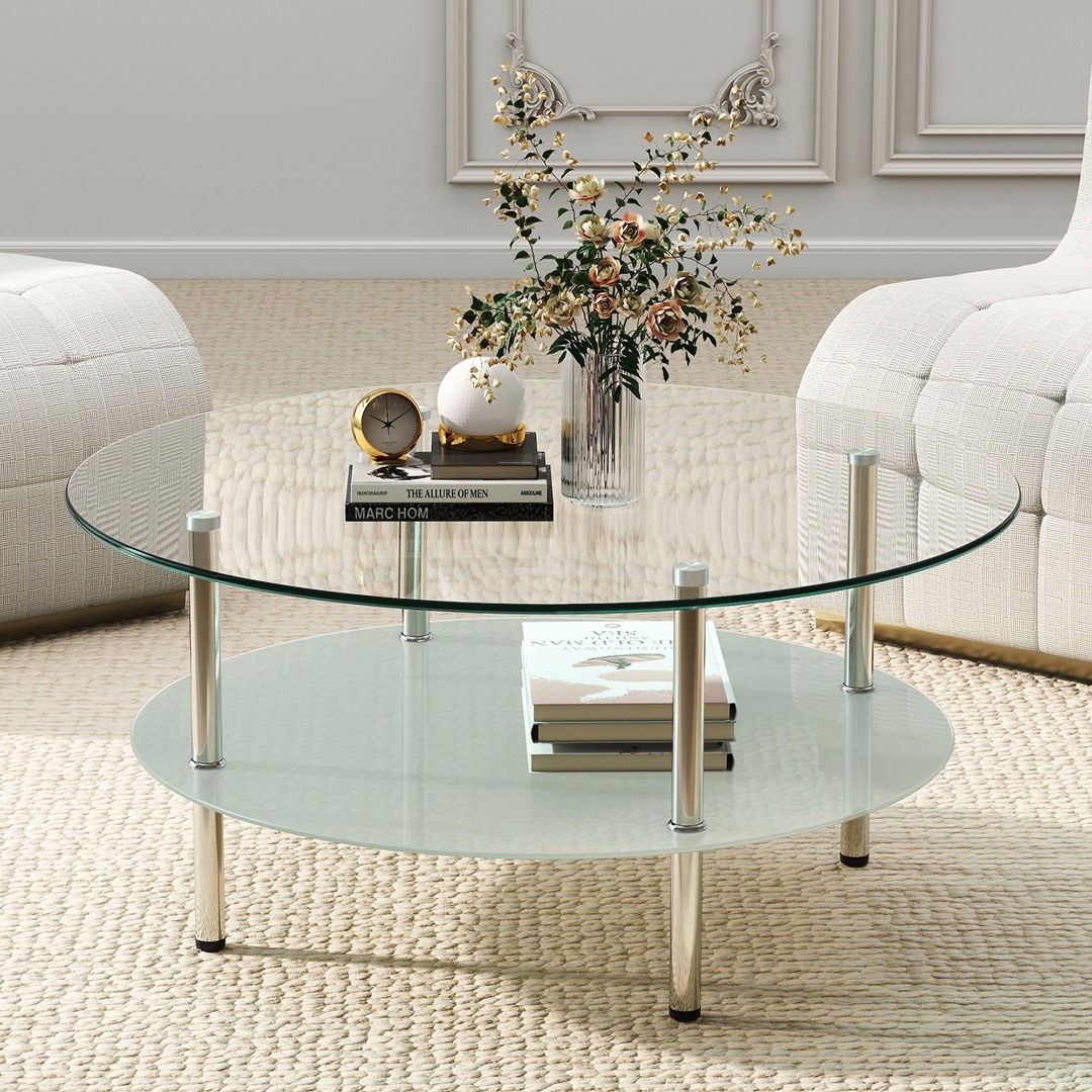 二段 ラウンド センターテーブル 強化ガラス 収納 リビング ミニマ