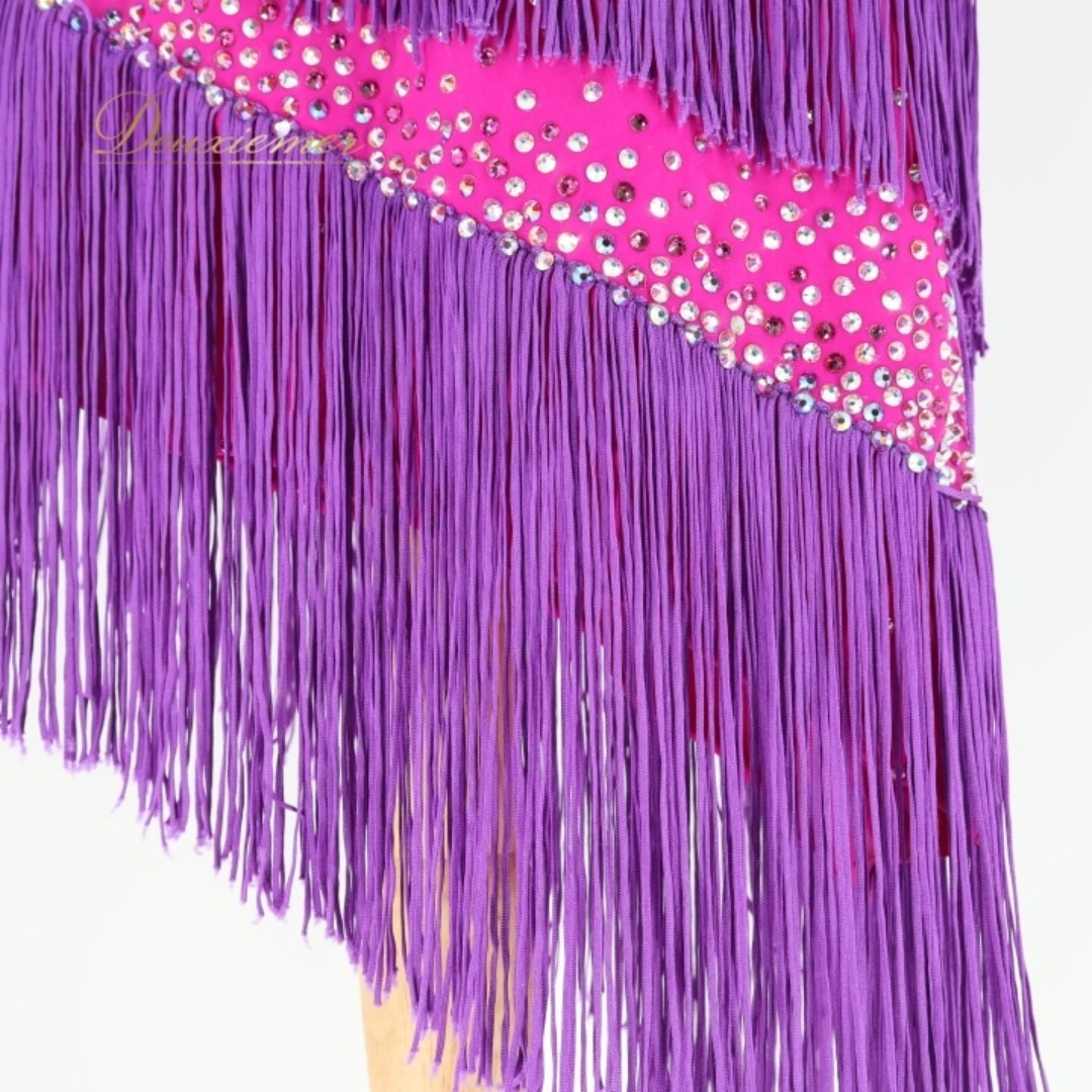 社交ダンス 衣装 ラテン ドレス ワンピース フリンジ 紫 ピンク デモ