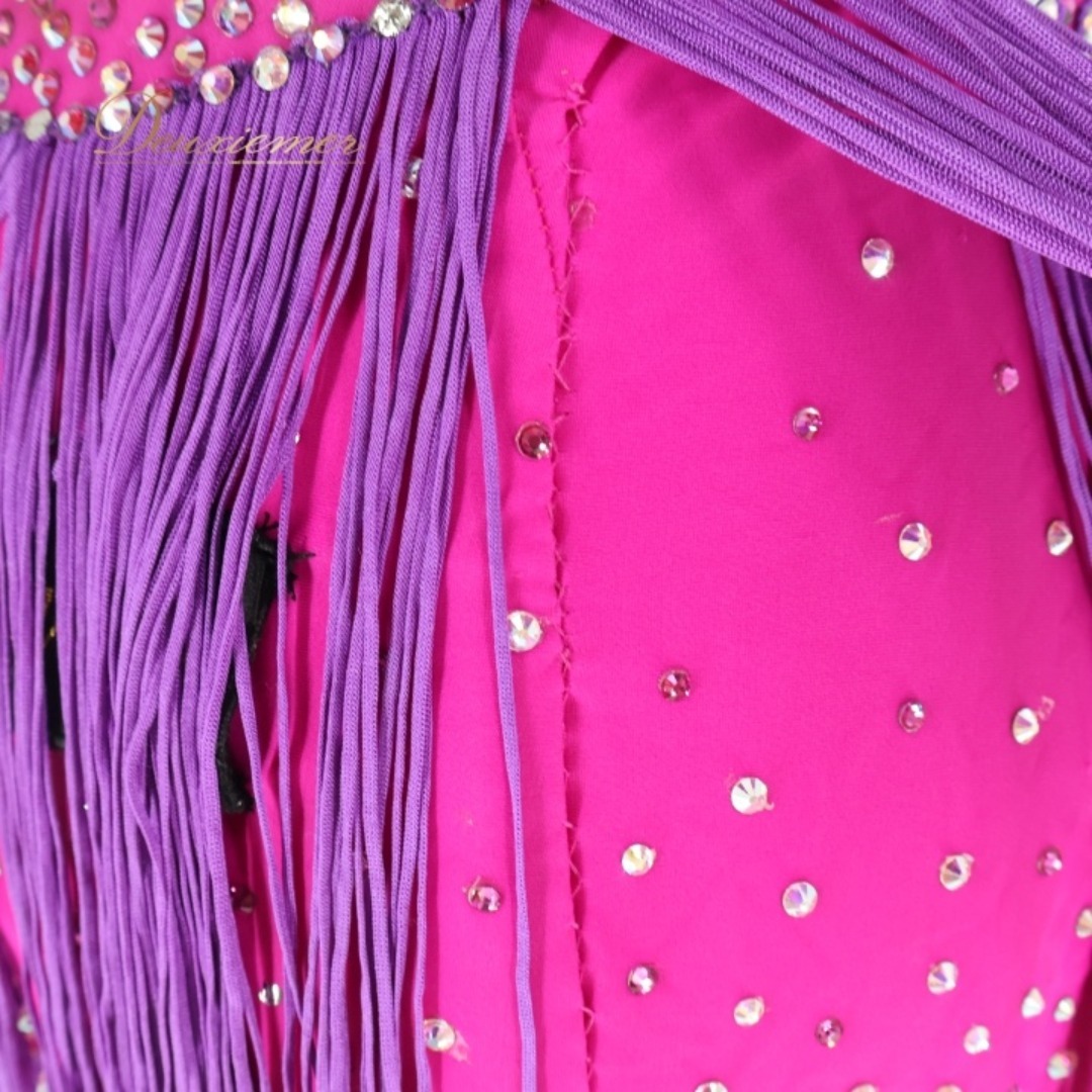 社交ダンス 衣装 ラテン ドレス ワンピース フリンジ 紫 ピンク デモ