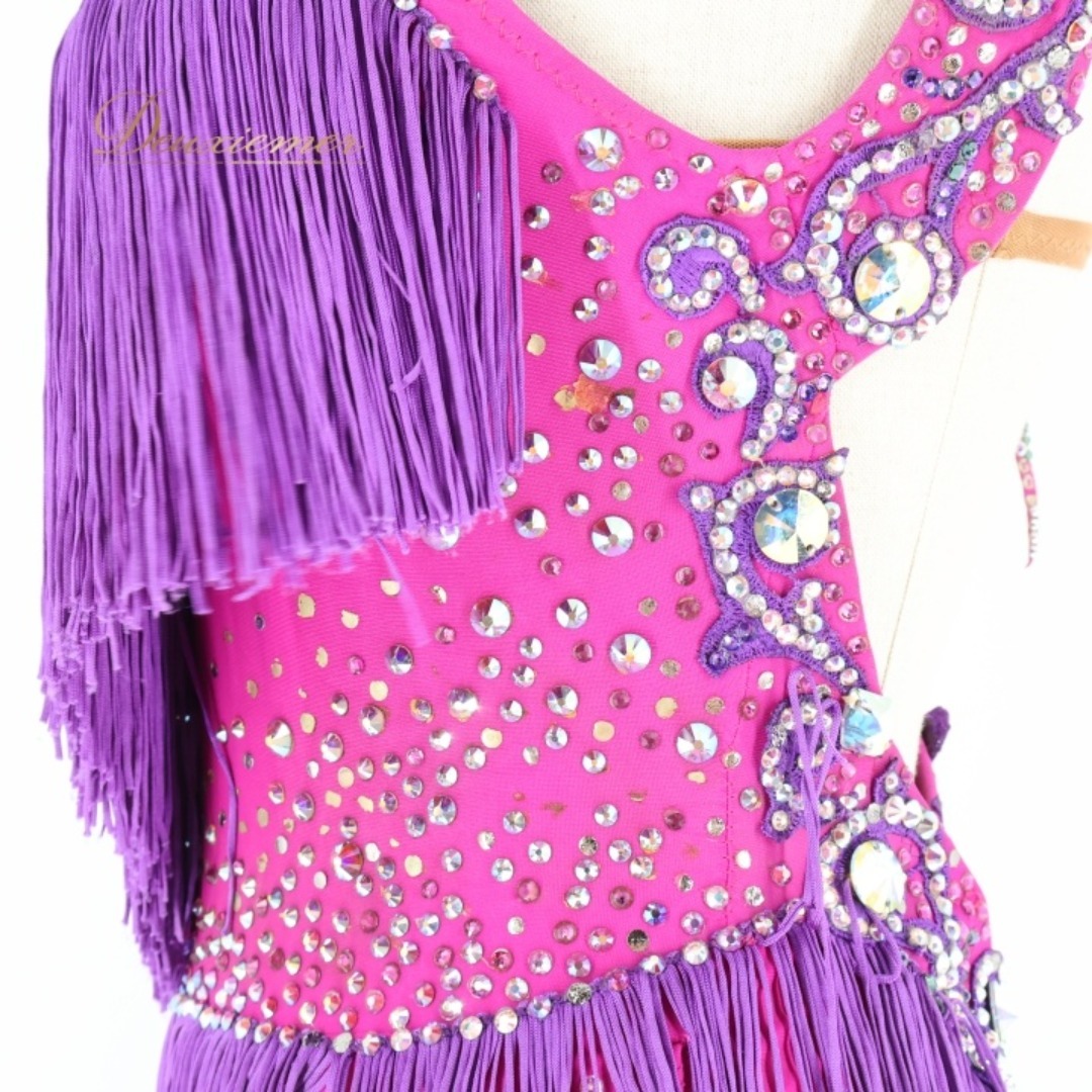 社交ダンス 衣装 ラテン ドレス ワンピース フリンジ 紫 ピンク デモ