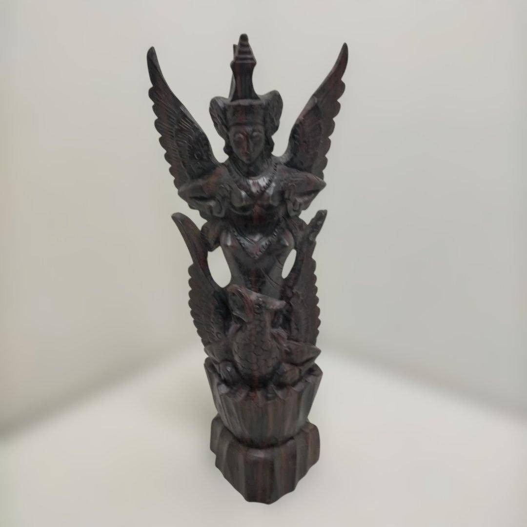 翼のある女神像 木彫り 置物 彫刻像 オブジェ アジアン 260115-3Tの