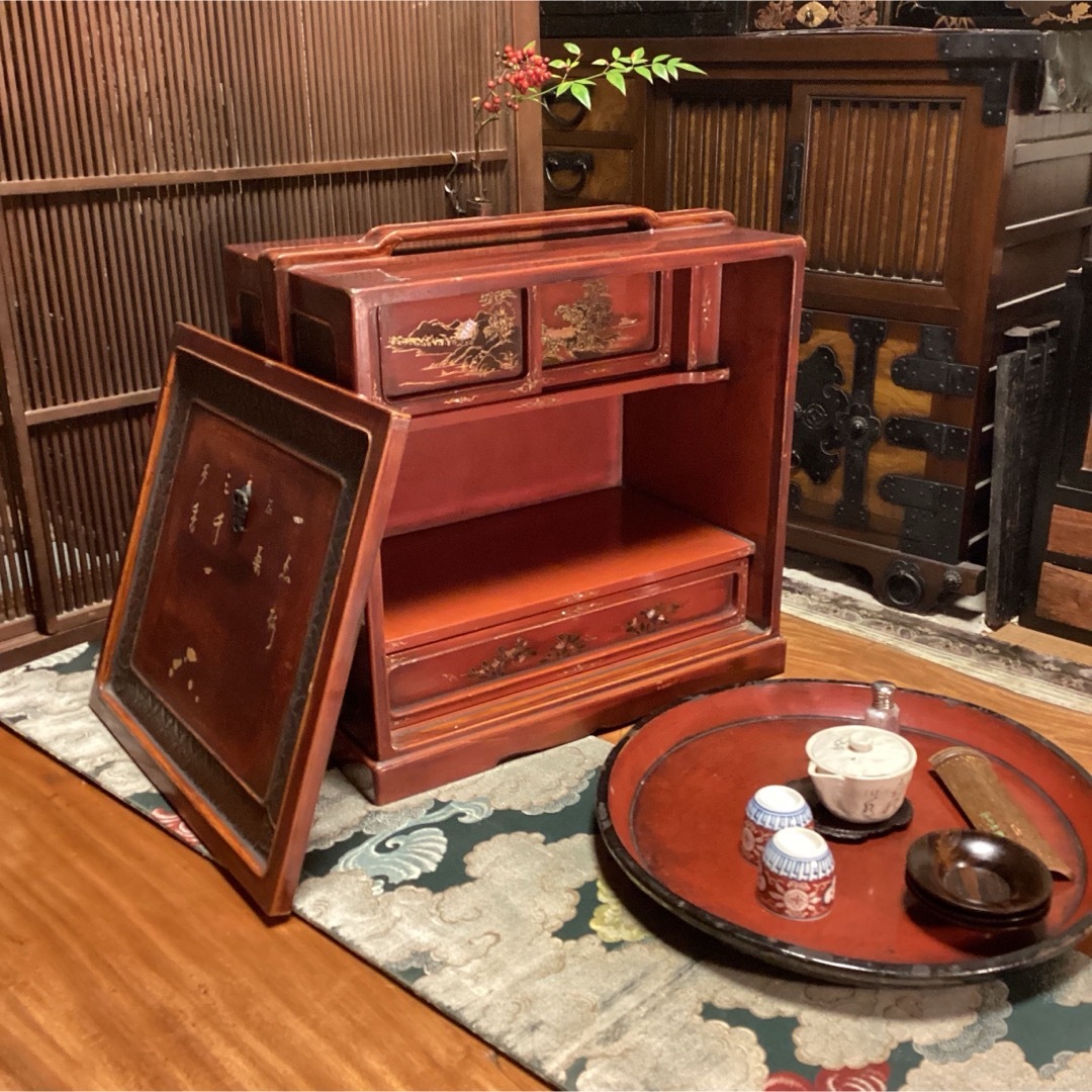 煎茶道具 唐物 木製漆 器局 茶箪笥 螺鈿 山水、梅に山茶花蒔絵の