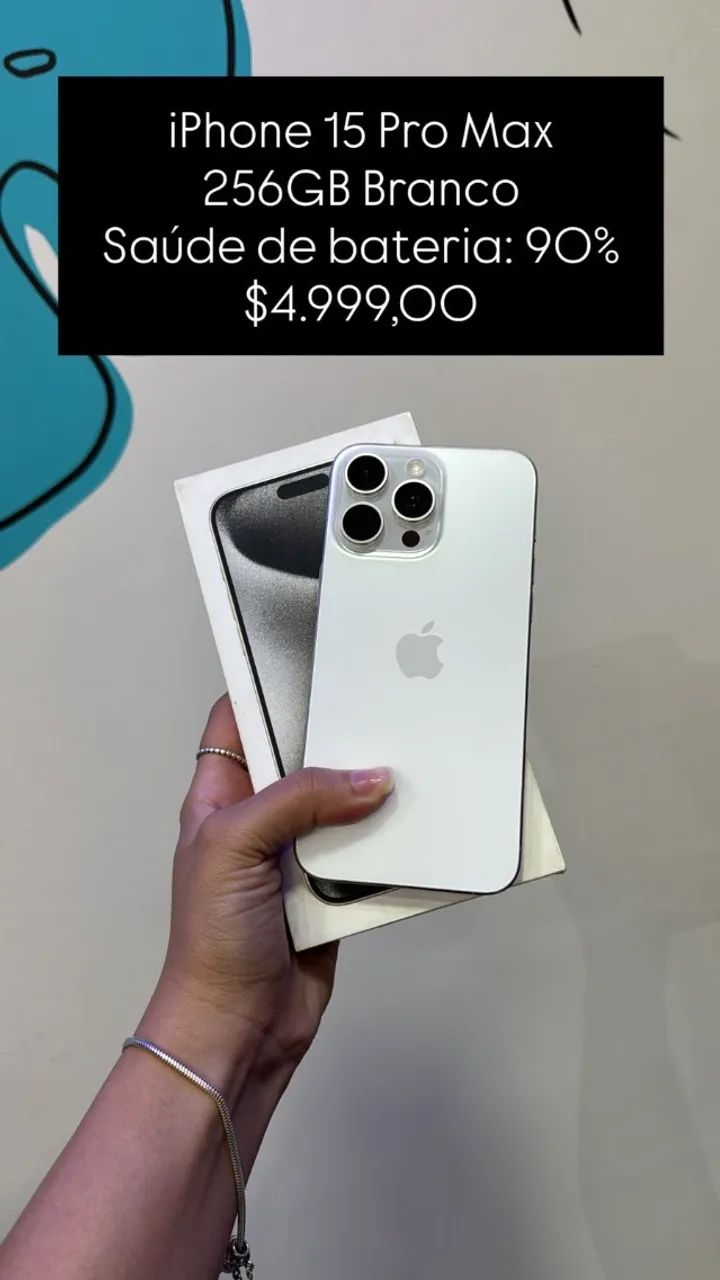 iPhone 15 Pro Max / 256GB Branco / Saúde de Bateria: 90