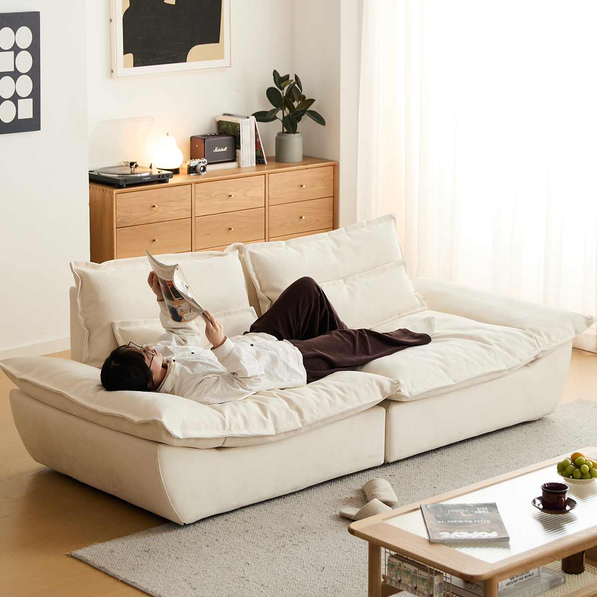 Woody Prime 北欧風スライド式背もたれワイドクッションソファ