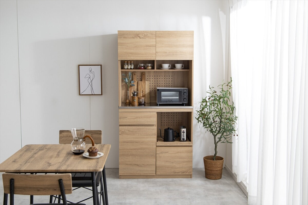 北欧モダン木製ステンレス天板食器棚 | 調理効率を高める大容量収納と