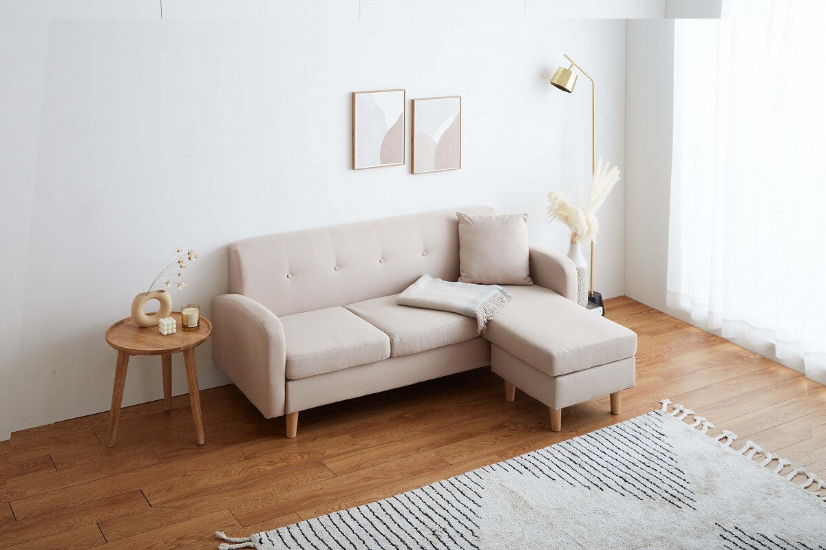 北欧モダン天然木脚3人掛けファブリックカウチソファ | 家族で