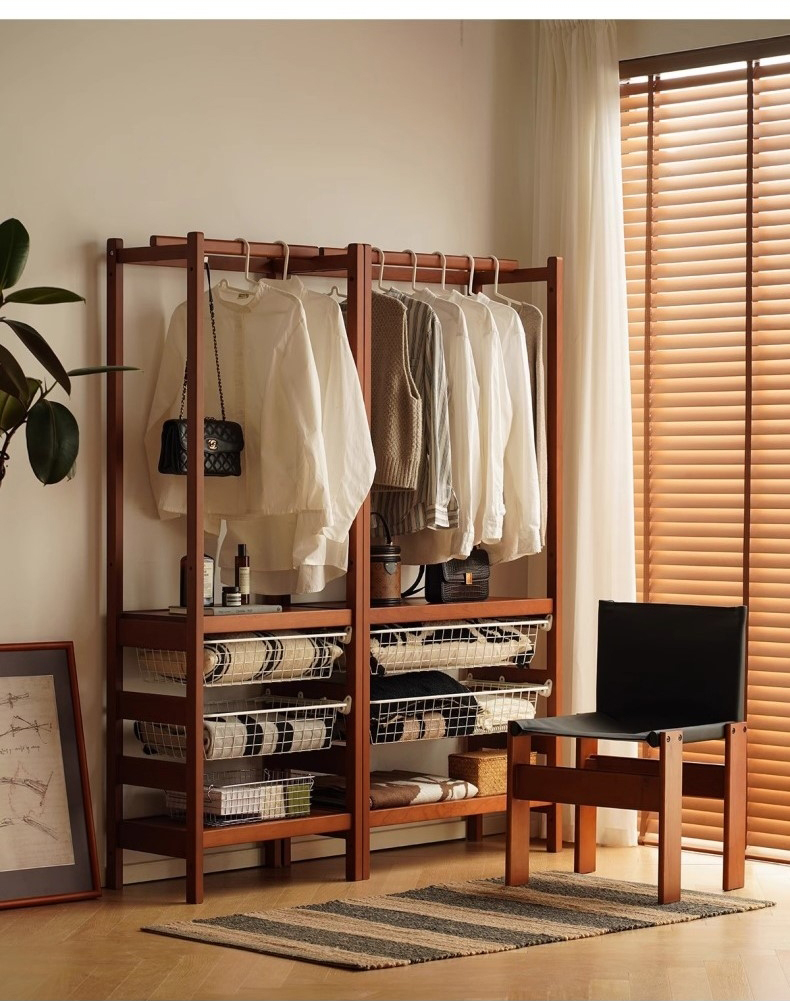 ツゲ材 天然木収納付きハンガーラック | 素材の温もりと優れた収納力を