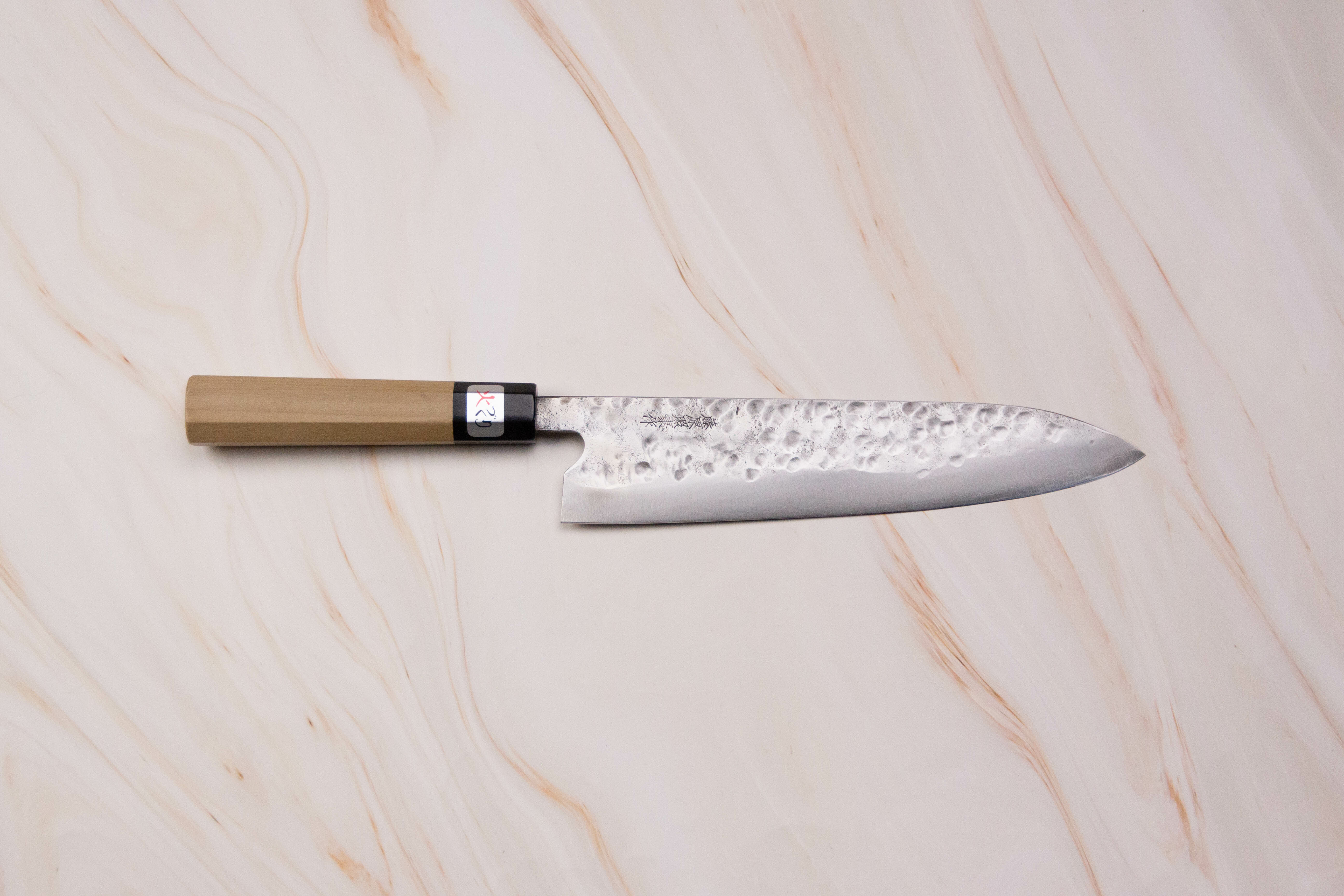 藤原照康幻之名刀白一鋼牛刀240 mm 指切梨地槌目朴木八角柄