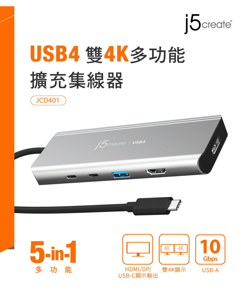 j5create USB4/Thunderbolt 4雙螢幕4K極速Gen2多功能集線器– JCD401