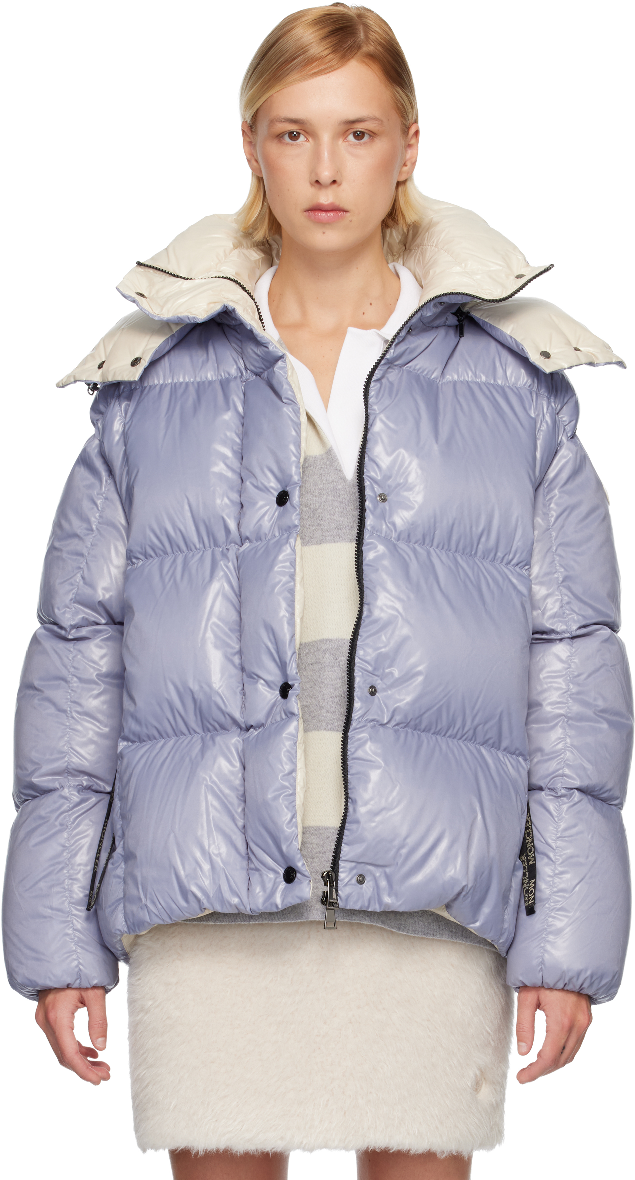 Moncler: Blue Parana Hooded Short Down Jacket | SSENSE