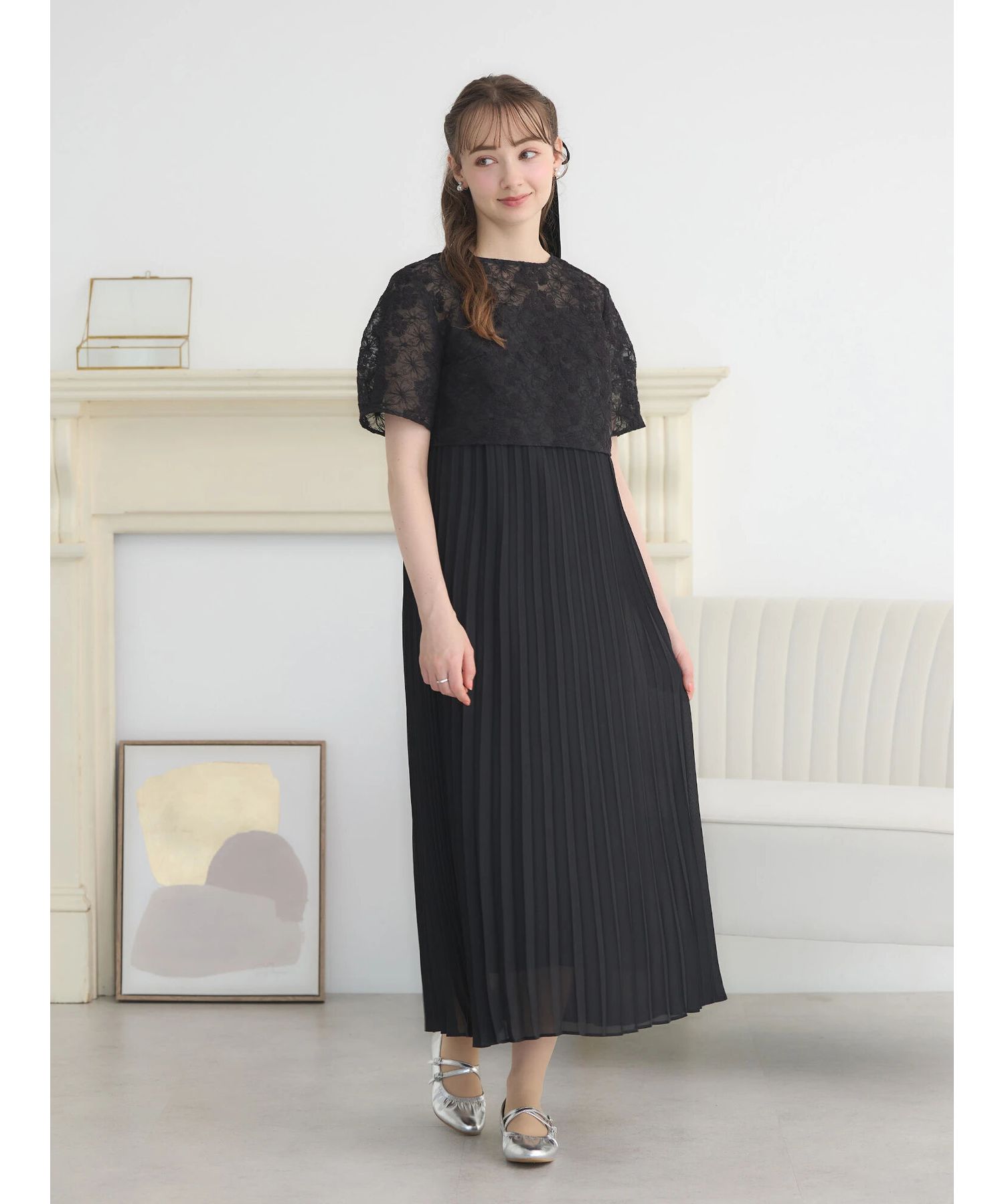 SET2点 オーガンジー刺繍+プリーツワンピース/earth music&ecology