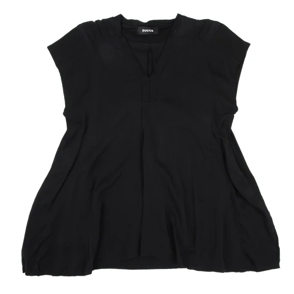 ズッカzucca レーヨン混リブ切替ノースリーブブラウス 黒M (K-167862)