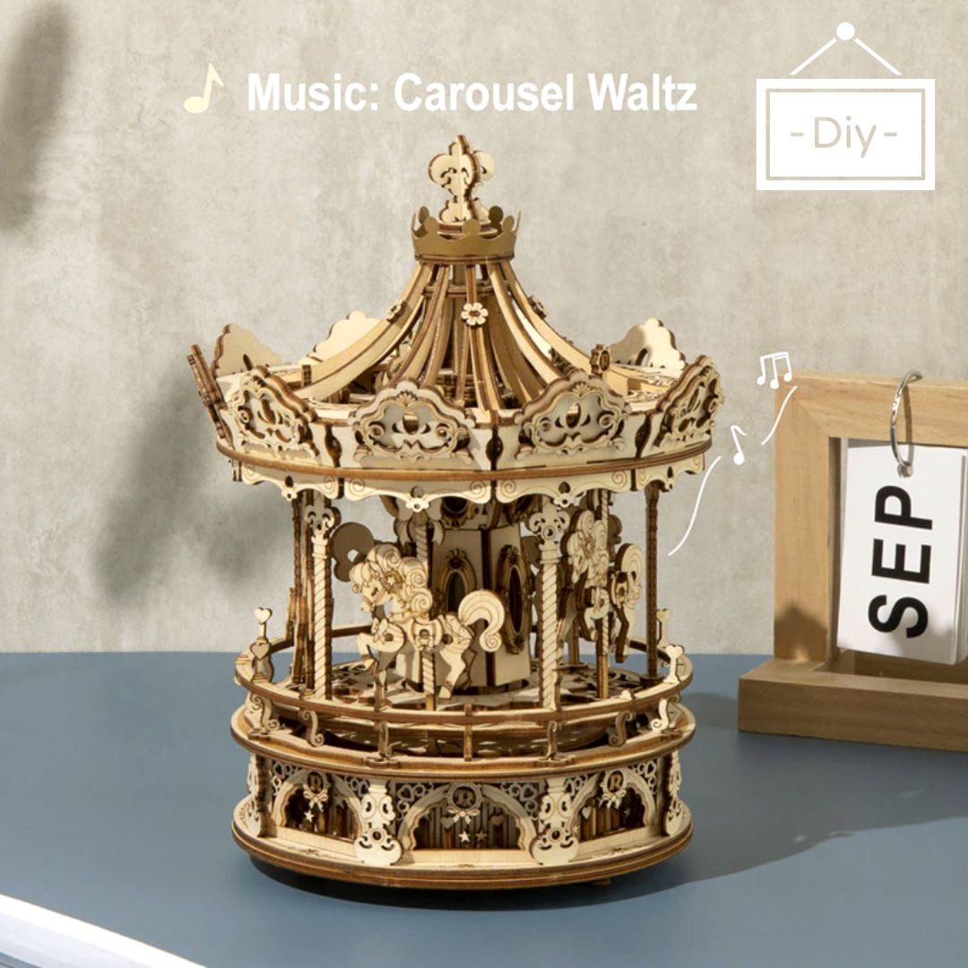 在庫限り】 ミニチュア メリーゴーランド オルゴール diy 木製 LED