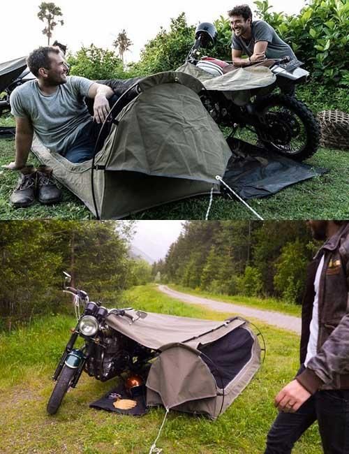 バイク用キャンバステント◇テントx寝袋xマットがSetになった