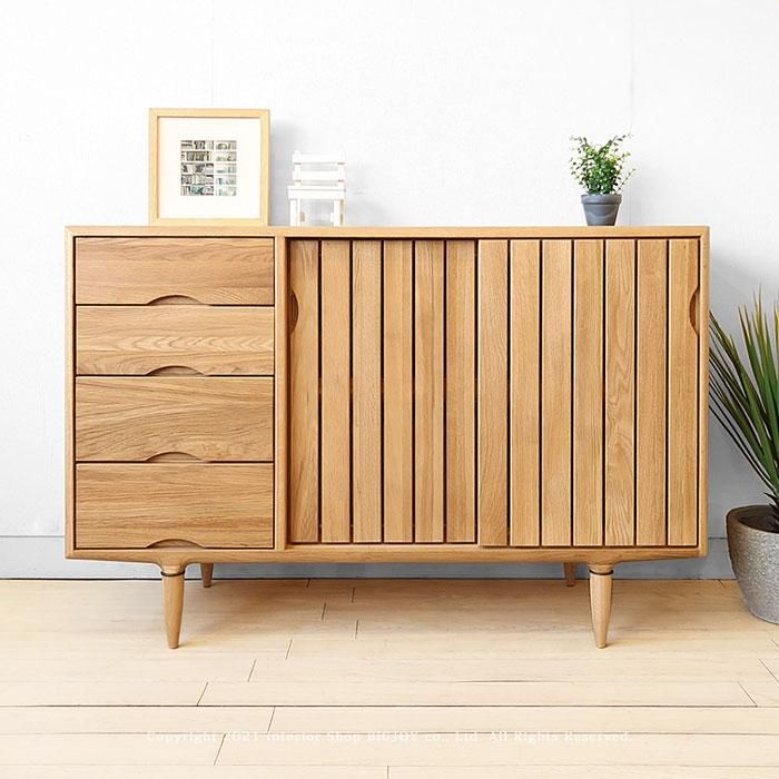 サイドボード キャビネット 幅120cm ナラ材 ナラ無垢材 スライド扉