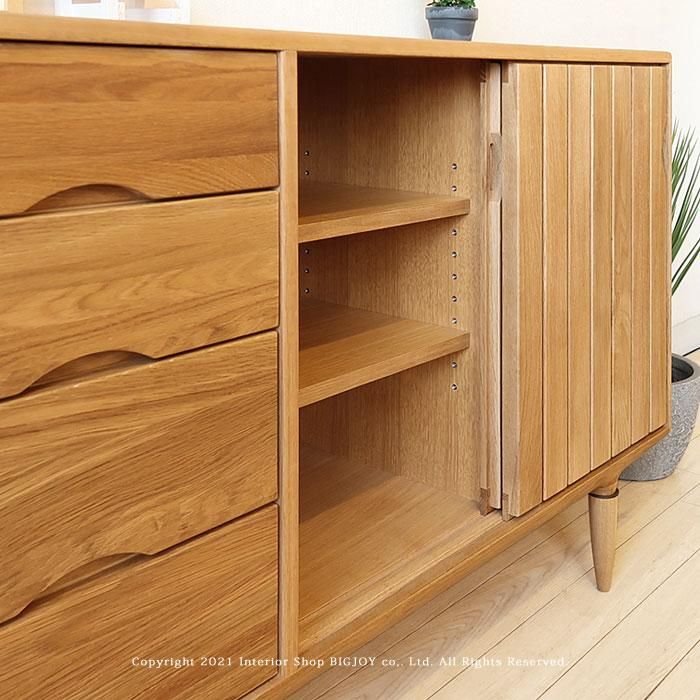 サイドボード キャビネット 幅120cm ナラ材 ナラ無垢材 スライド扉