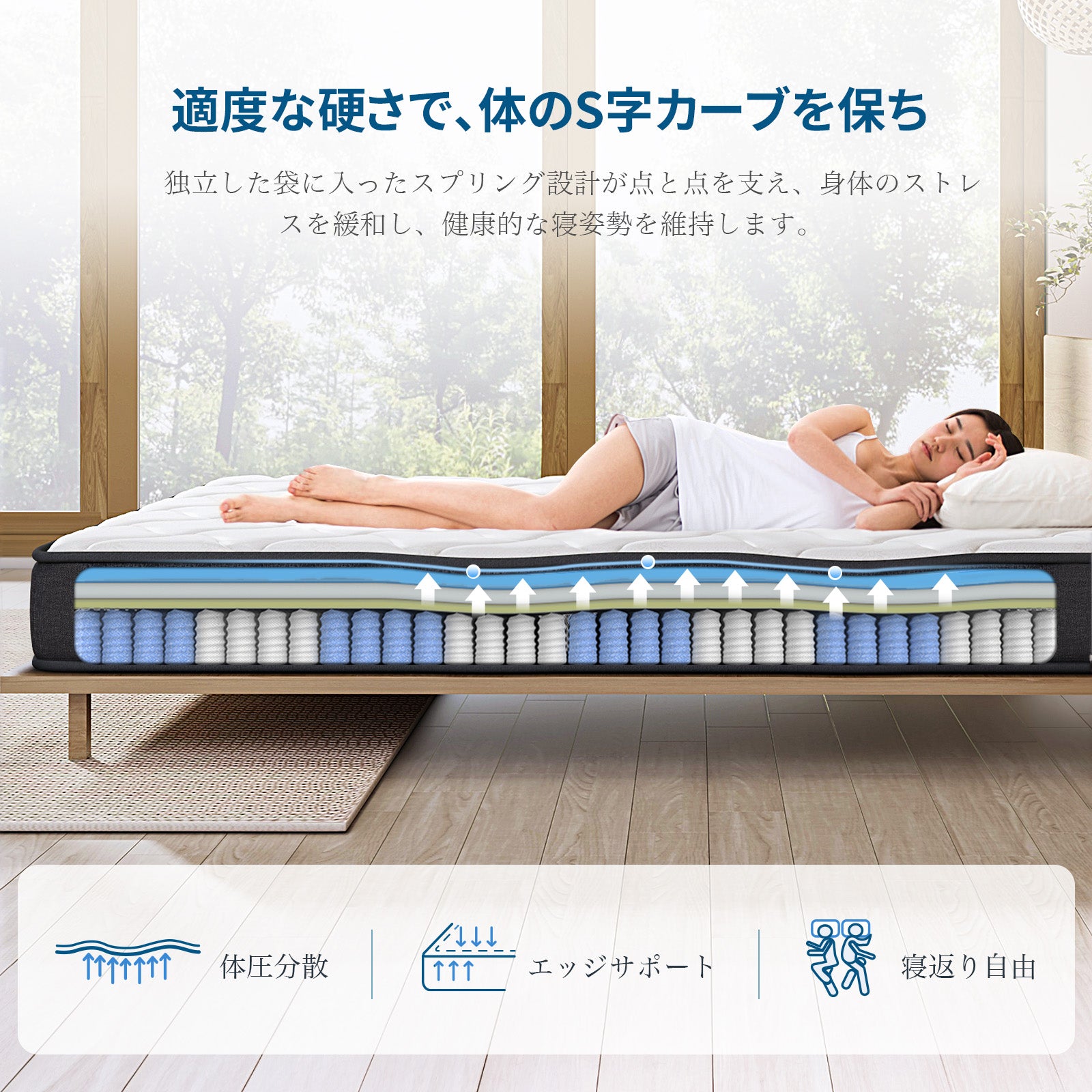 Inofia マットレス 高反発 極厚22CM ポケットコイル 高密度ウレタン 底