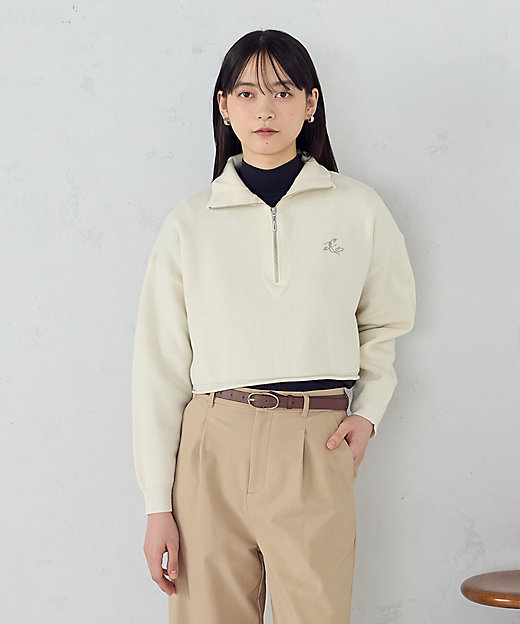 ウォッシャブル】ワンポイント 刺繍 ハーフジップニット