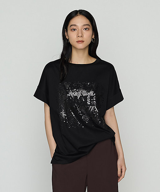 ＋サイズ 〕 プレミアムスムース ヘリンボーン刺繍Tシャツ