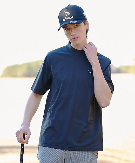 ADABAT NAVY】ナイロン混ストレッチ半袖モックT