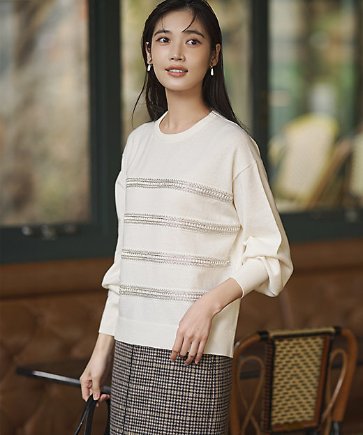 WEB＆一部店舗限定／滝沢眞規子さん着用】ビジューボーダー ニット